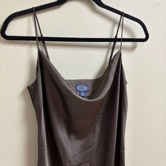 SCOOP Womens Y2K Midi Dress Size S Brown Satin Cowl Neck Asymmetric Going Out - Picture 2 of 11